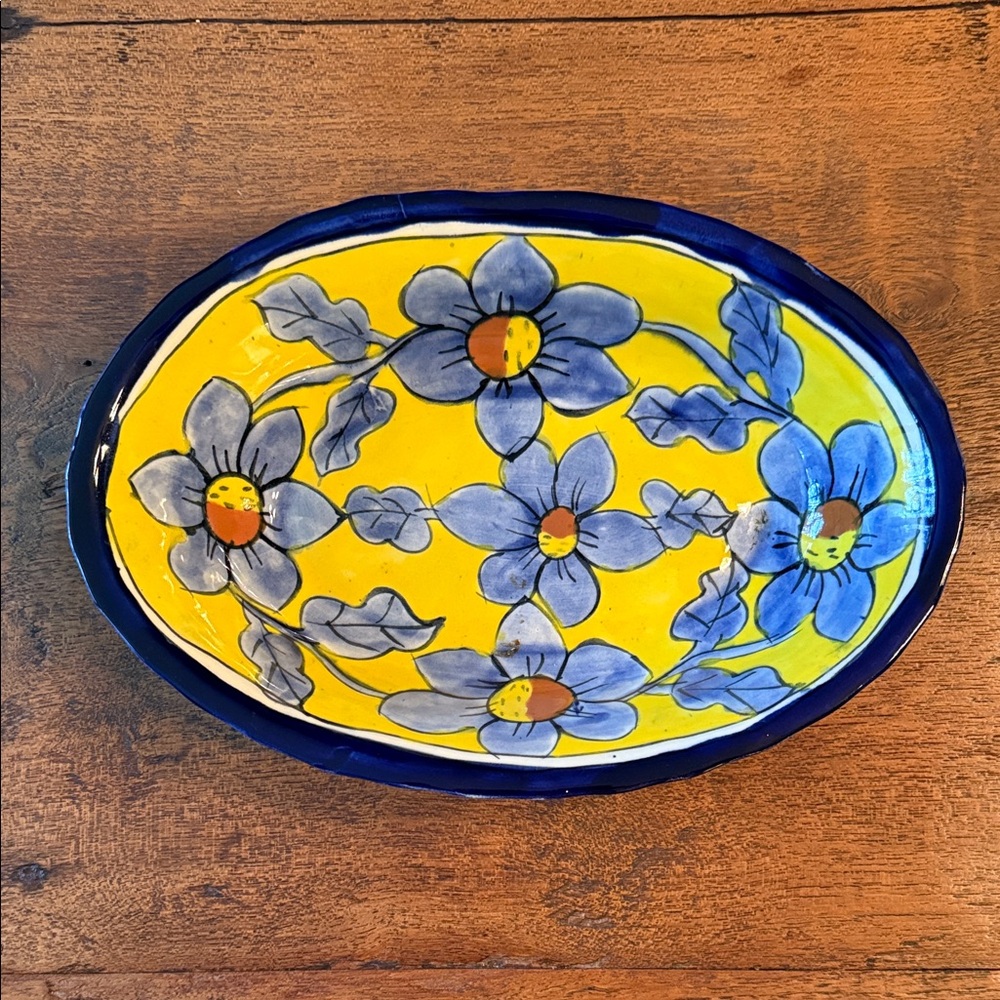 Hand-Painted Blue & Yellow Mexican Pottery Oval 2” Deep Dish